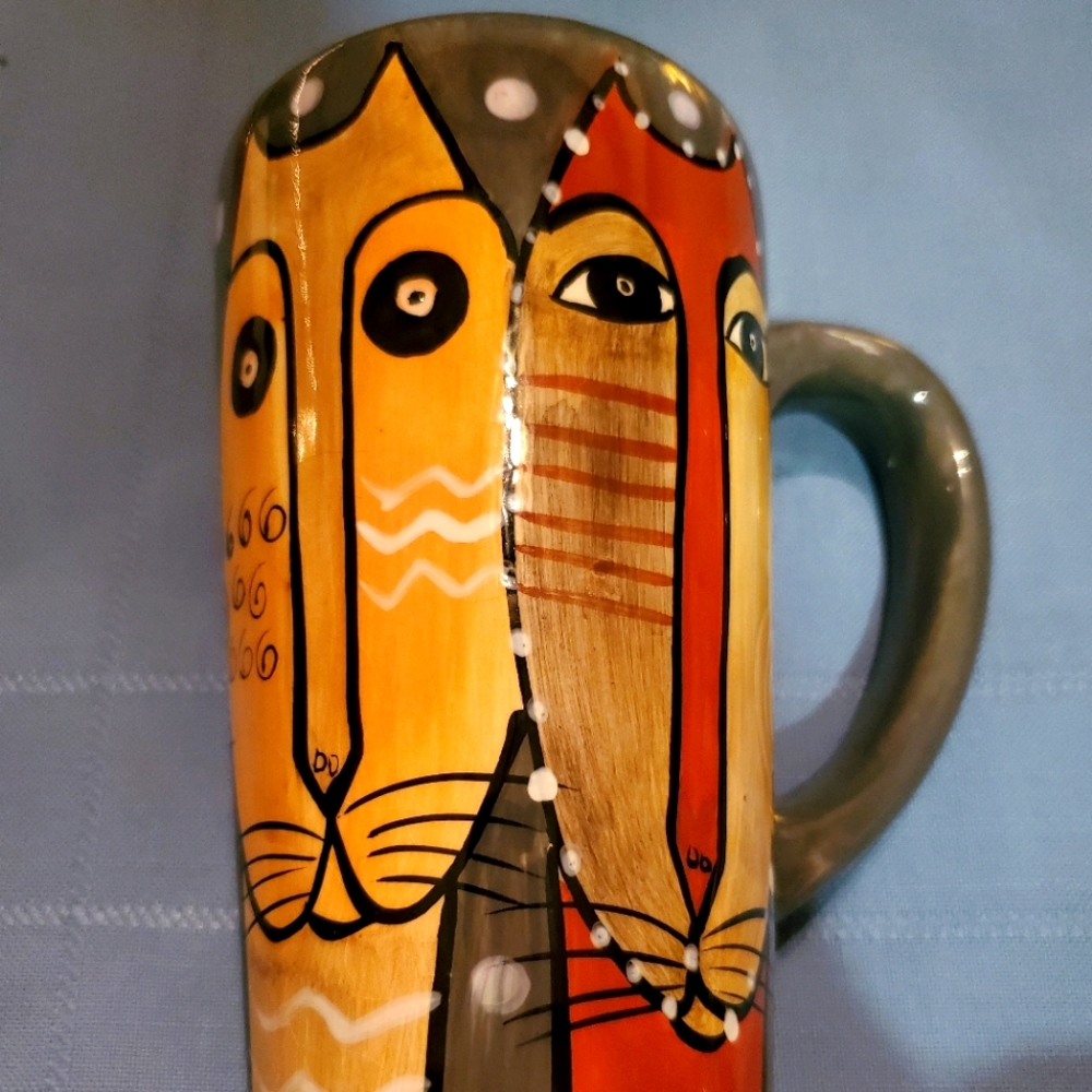 Laurel Burch cat mug polka dot 1997 artsy cats